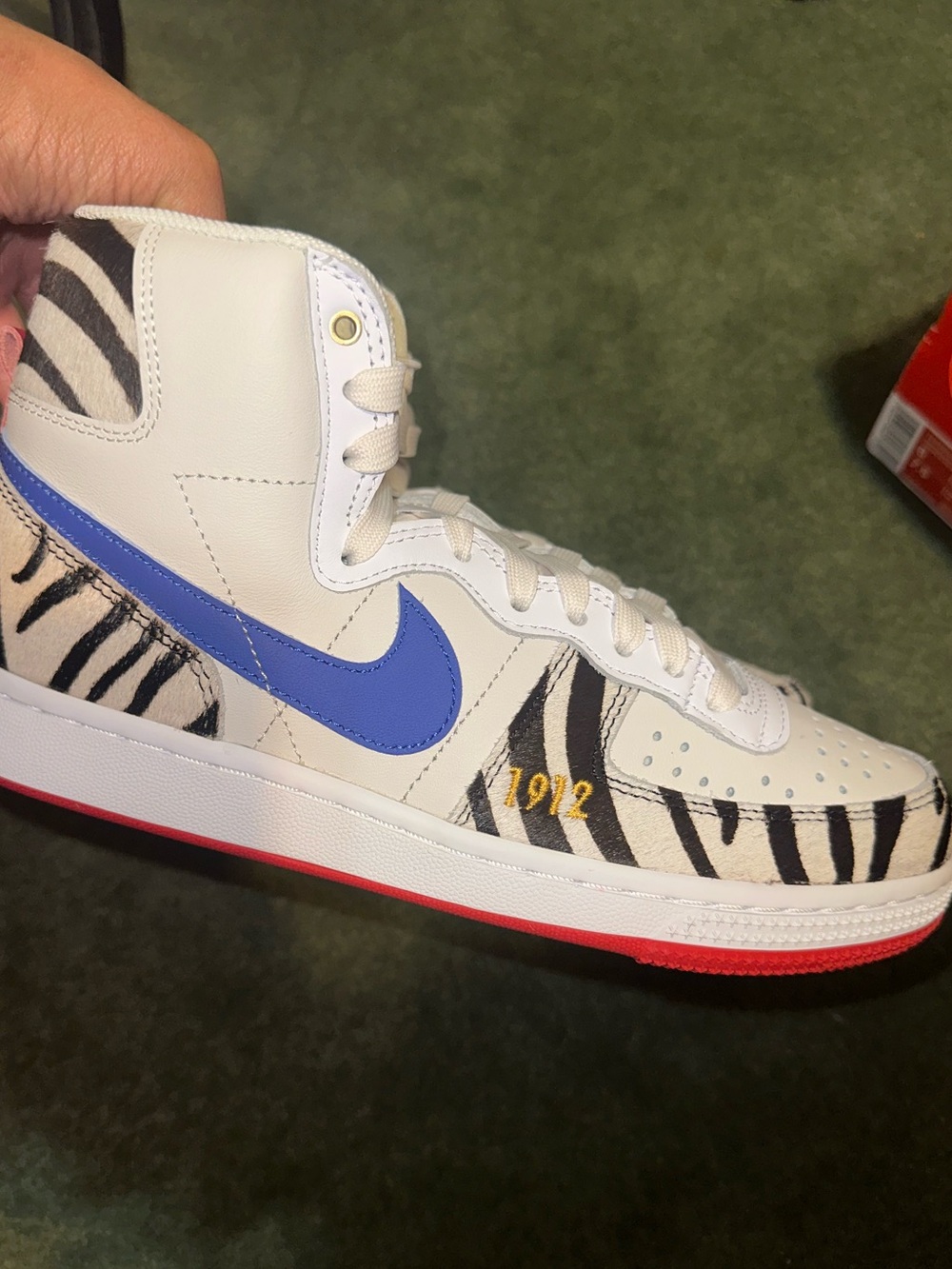 Nike Terminator High-Top Sneakers in White with Blue Swoosh and Zebra Print